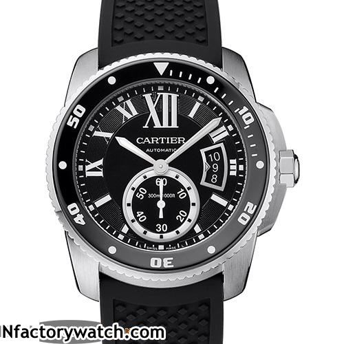 3A卡地亞Cartier CALIBRE DE CARTIER W7100056 藍寶石水晶玻璃 黑色錶帶膠帶