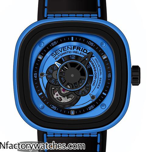 3A七個星期五 SevenFriday P1/05 藍寶石水晶玻璃 藍色錶帶皮帶 47.5mmx47mmx14.5mm