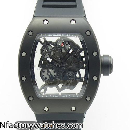 3A理查德·米勒Richard Mille RM 055 PVD 316L不鏽鋼 藍寶石水晶玻璃 骷髅錶盤 黑色紅色膠帶