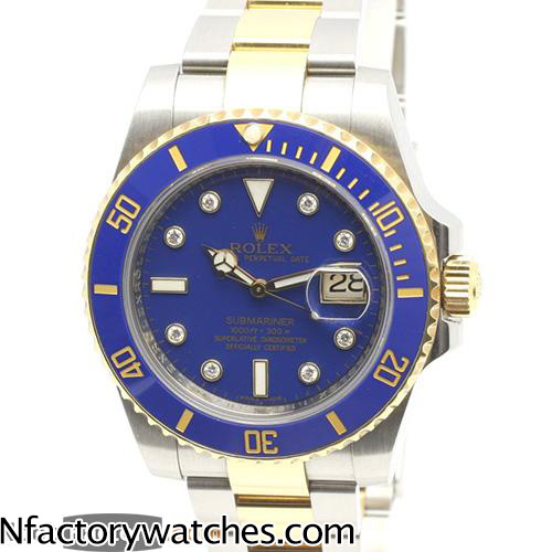 3A勞力士 Rolex SUBMARINER DATE 間金藍水鬼 116613LB 鑲鑽版 316L不鏽鋼 18k金 單向可旋轉的藍色陶瓷錶圈