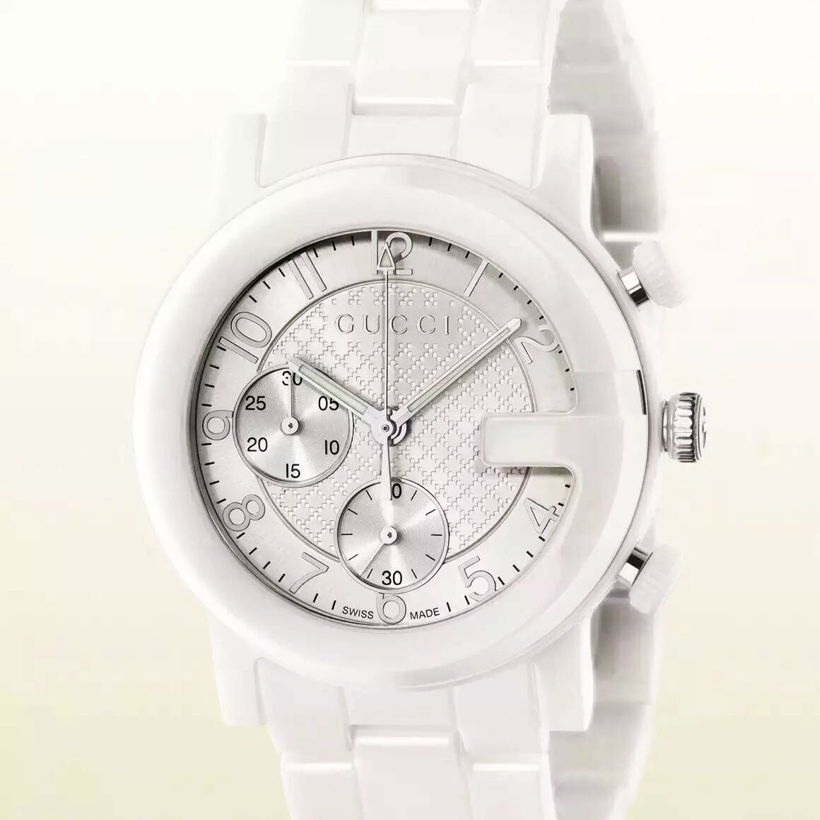 3A古馳 Gucci G chrono系列女士白色陶瓷手錶YA101353 精鋼 黑色PVD鍍膜 折疊扣