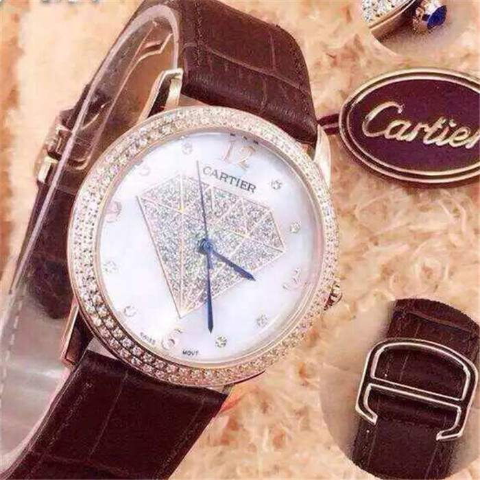 3A卡地亞Cartier腕錶瑞士石英機芯白色鑲鑽錶盤意大利進口小牛皮36mmX10mm